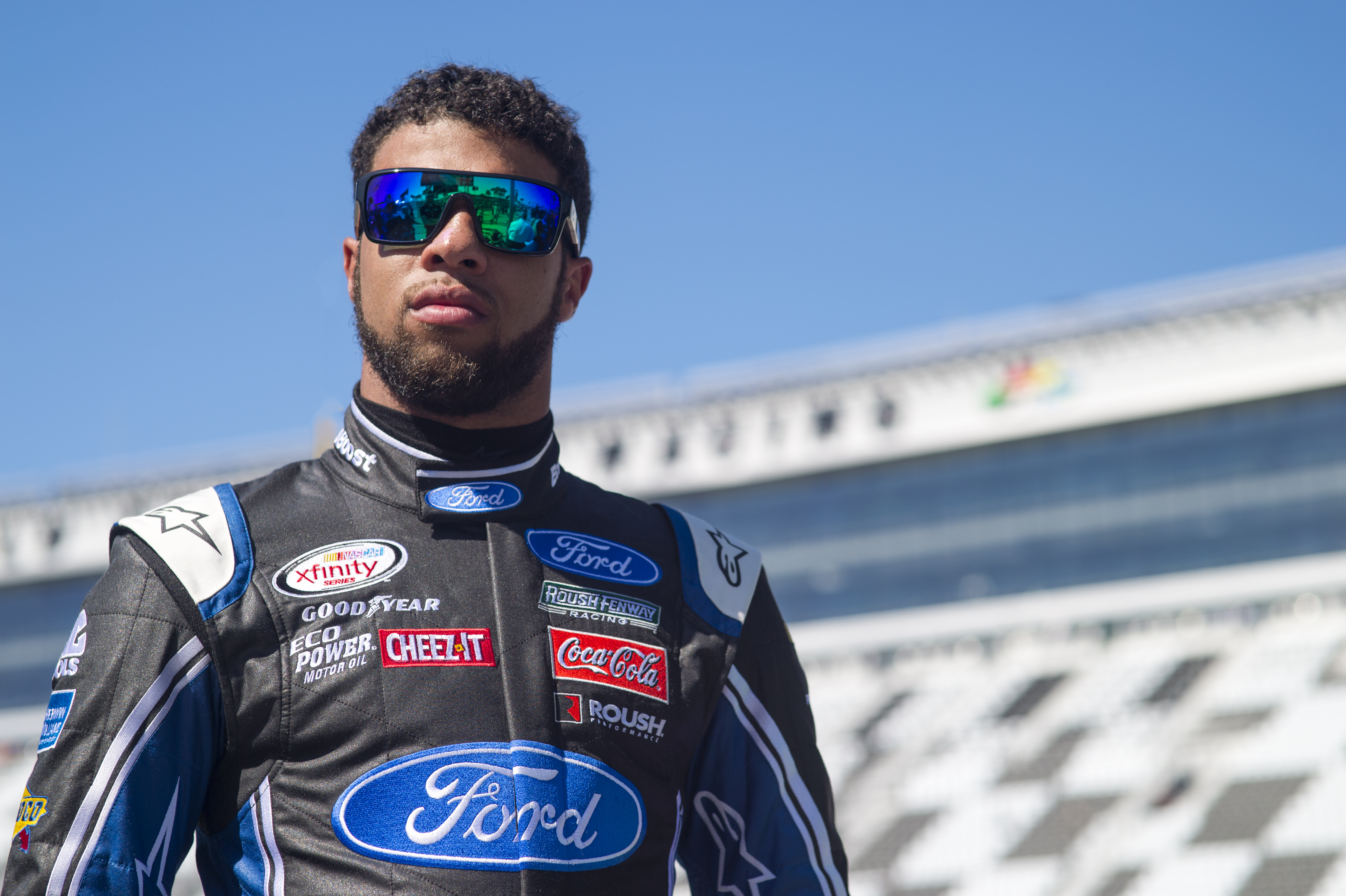 Daytona Beach, FL - Feb 20, 2016: Darrell Wallace Jr., driver of the #6 Roush Performance Products Ford, gets ready for action during the PowerShares QQQ 300 weekend at the Daytona International Speedway in Daytona Beach, FL.
