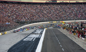 Bristol, TN - AUG 27, 2011: The NASCAR Sprint Cup Series teams take to the track for the Irwin Tools Night Race race at the Bristol Motor Speedway in Bristol, TN.